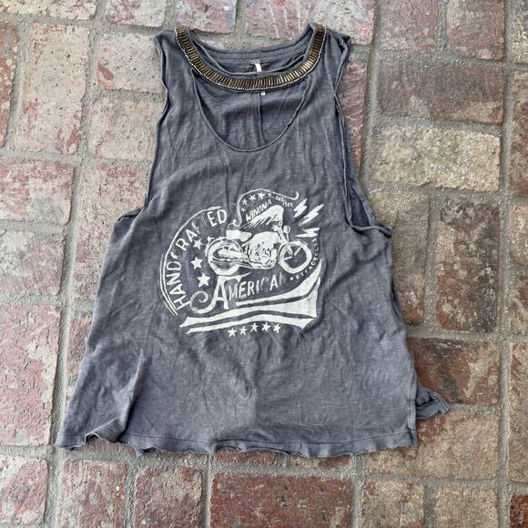 Free People Beaded Sleeveless T-Shirt Tank Gray Distressed Motorcycle USA Size S - Picture 1 of 6